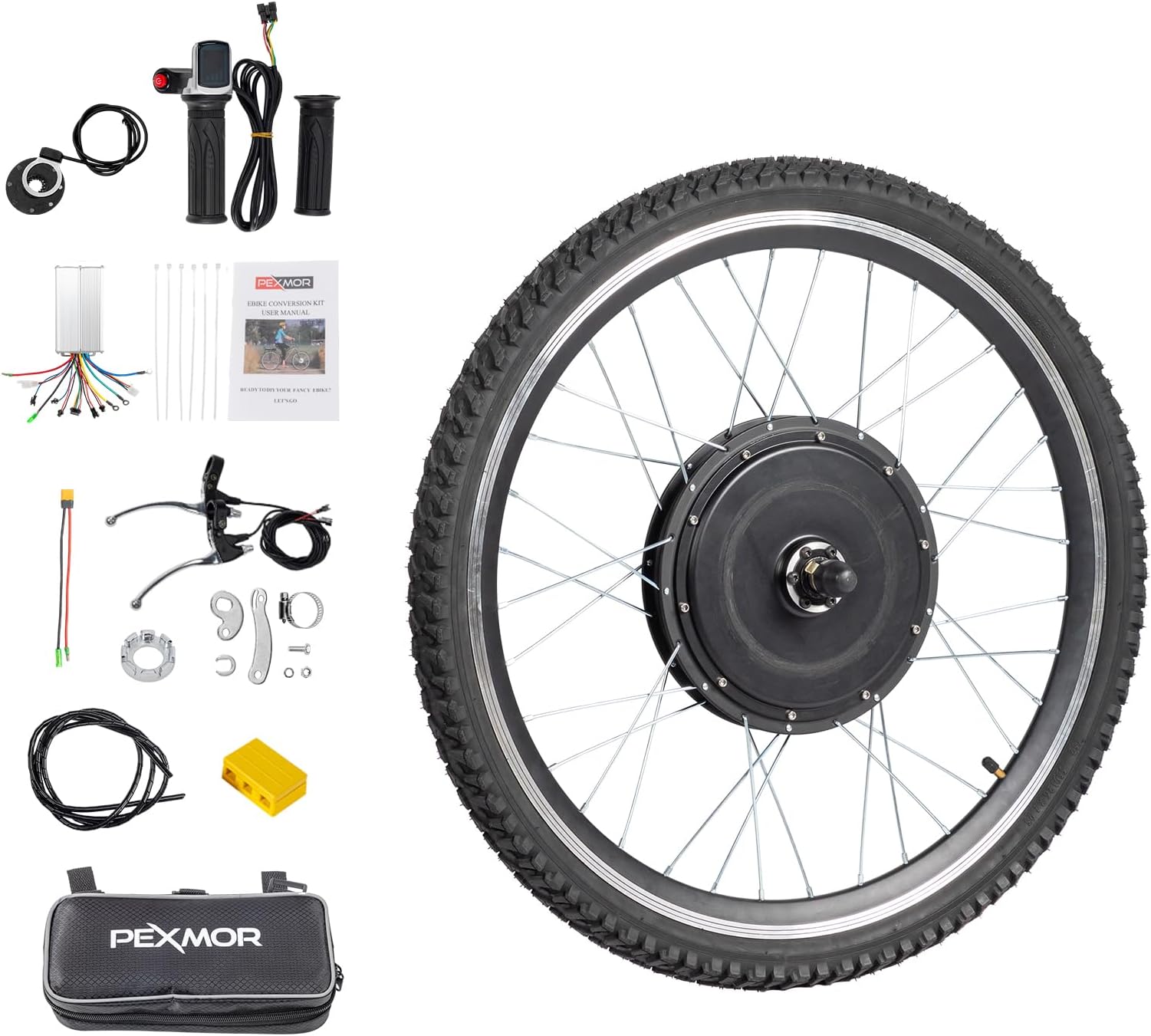 PEXMOR Electric Bike Conversion Kit, 48V 1000W 26" Front Wheel E-Bike Hub Motor Kit, Upgrade 3 Mode Controller w/PAS/Twist Throttle with Battery Indicator Ebike Bicycle Wheel Kit