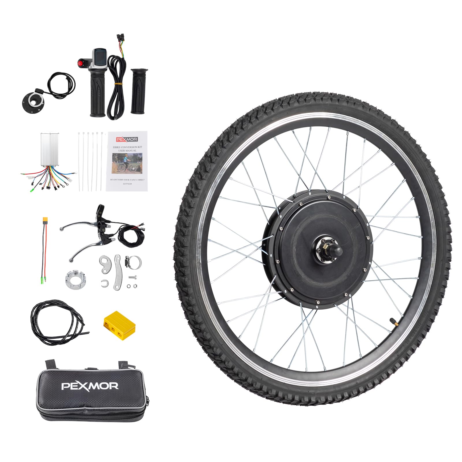 PEXMOR Electric Bike Conversion Kit, 48V 1000W 26" Front Wheel E-Bike Hub Motor Kit, Upgrade 3 Mode Controller w/PAS/Twist Throttle with Battery Indicator Ebike Bicycle Wheel Kit