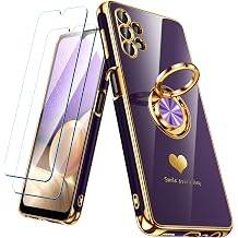 for Samsung Galaxy A32 5G Case with 2 Pack Screen Protector, 360 Rotatable Ring Holder [Luxury Hearts Pattern] Plating Gold Edge Slim Soft Phone Cover Case for Galaxy A32 - Purple