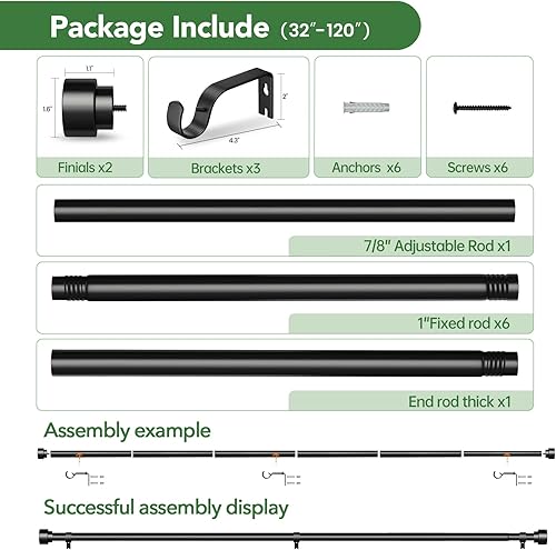 Miniatura 36 de Barras de cortina para ventanas de 28 a 48 pulgadas, barra de cortina ajustable de 1 pulgada, barra de cortina larga resistente para ventana, barras