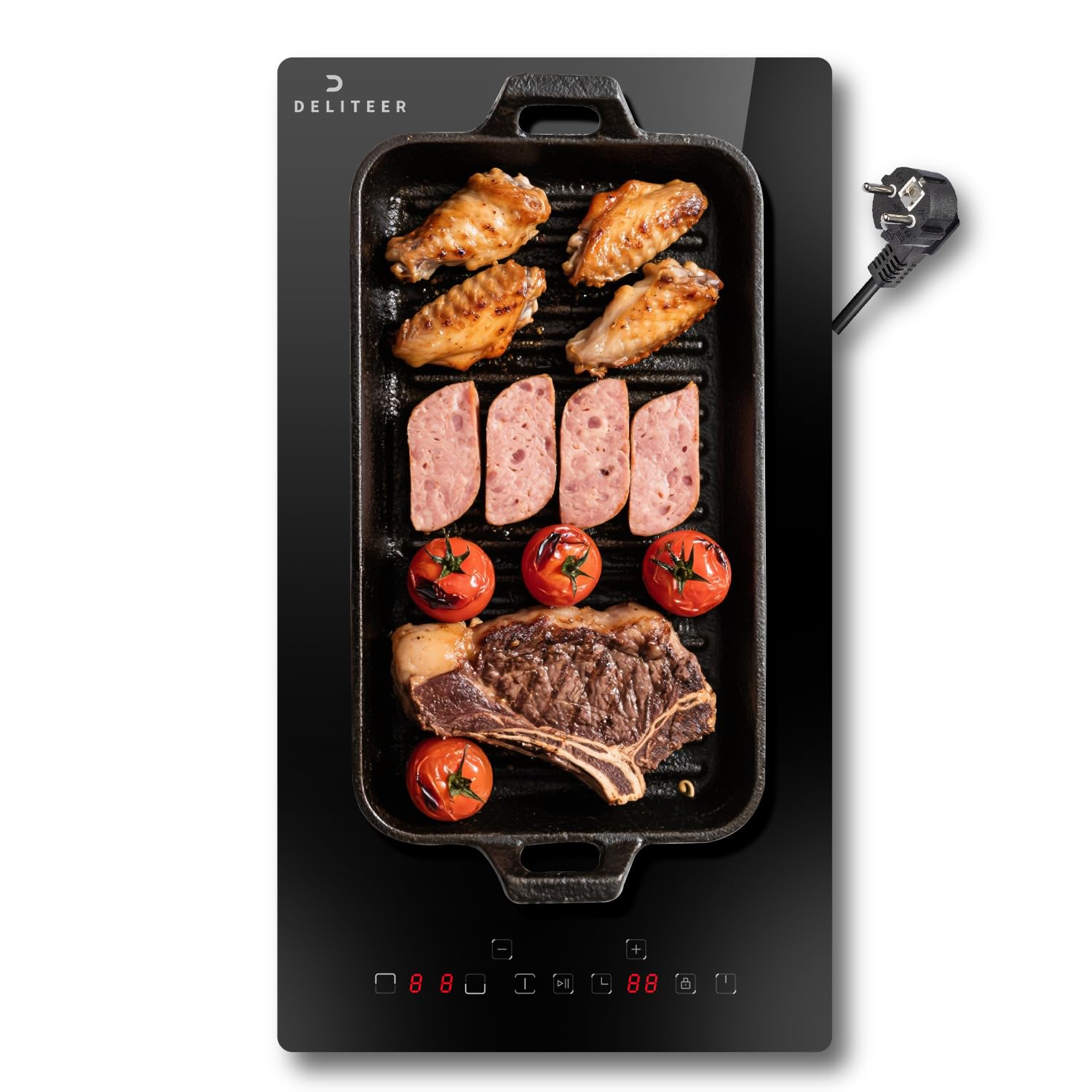 Placa de inducción 2 fuegos con enchufe, marco de inducción DELITEER para barbacoa, Zona flexible, Pausa, Control táctil, Enchufe de 16 A, 220 V ~ 240 V, 3500 W