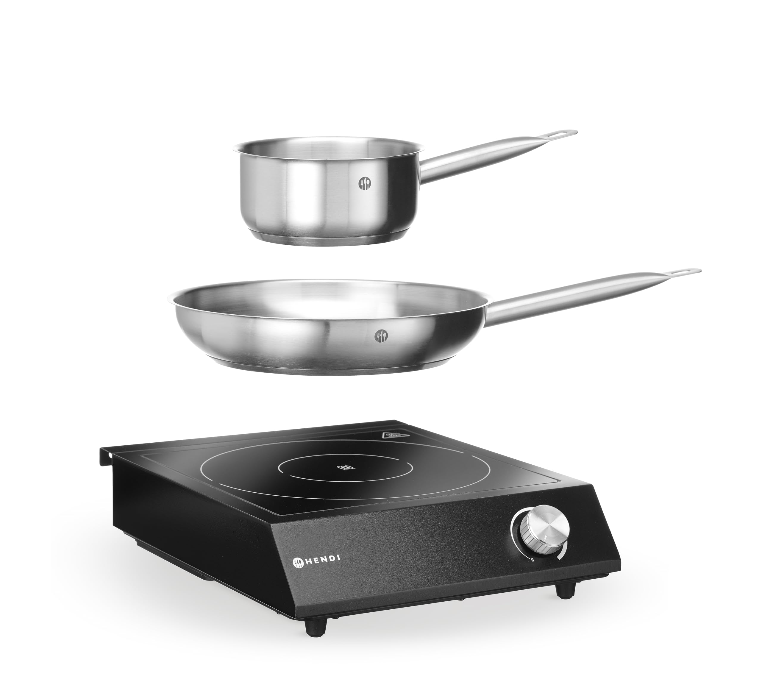 HENDI Plaque de cuisson à induction de table avec poêle et casserole, commande par bouton, 31 niveaux de puissance, 230V/3500W, 320x395x(H)95mm, verre, fer, acier inoxydable