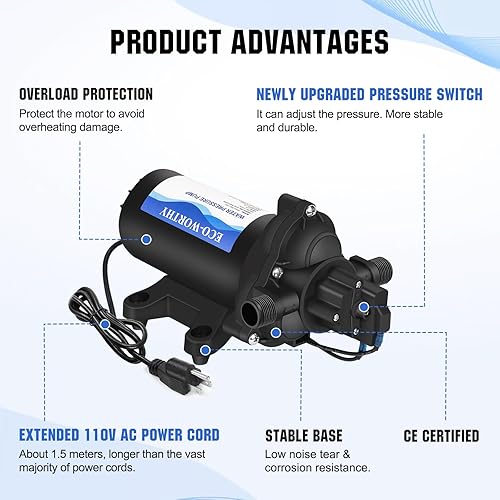 Miniatura 36 de ECO-WORTHY Bomba de agua dulce RV 12 V CC 3.5 GPM 45 PSI con interruptor de presión, bomba de diafragma de presión de agua autocebante de 12 voltios