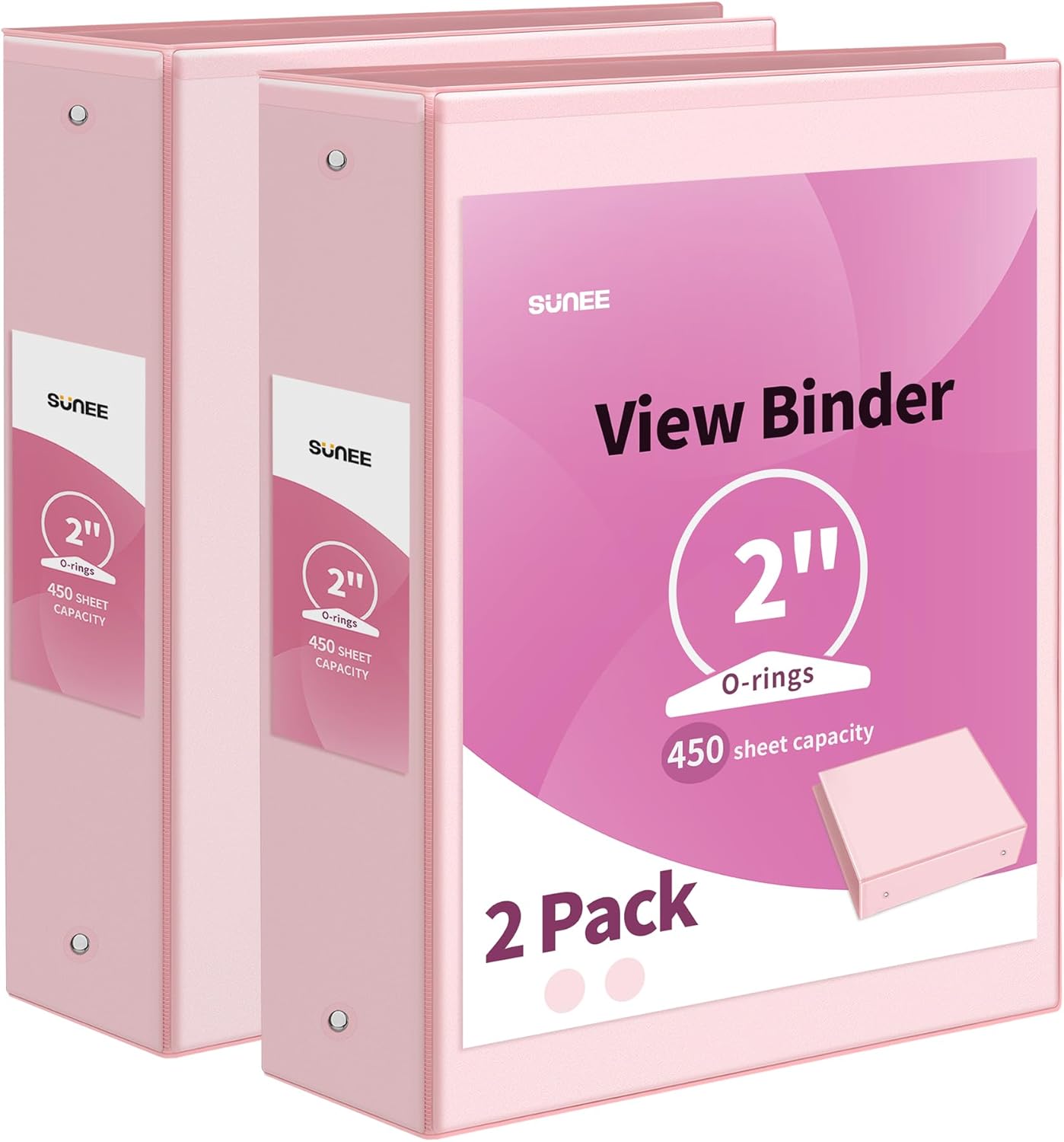 SUNEE 3 Ring Binder 2 Inch 2 Pack, Clear View Binder Three Ring PVC-Free (Fit 8.5x11 Inches) for School Binder or Office Binder Supplies, Pink Binder 2 Inch 2 Pack Pink