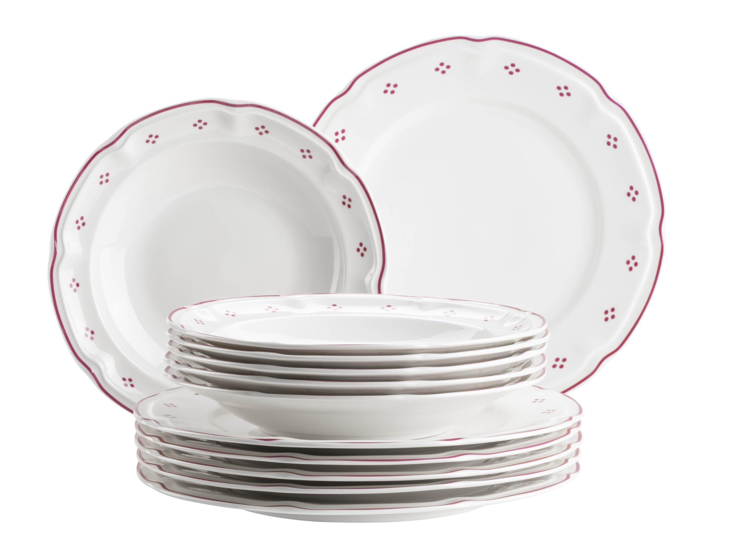 Mäser Lova Series 12-Piece Porcelain Dinner Service - 6 Dinner Plates 26 cm & 6 Soup Plates 22 cm - Red