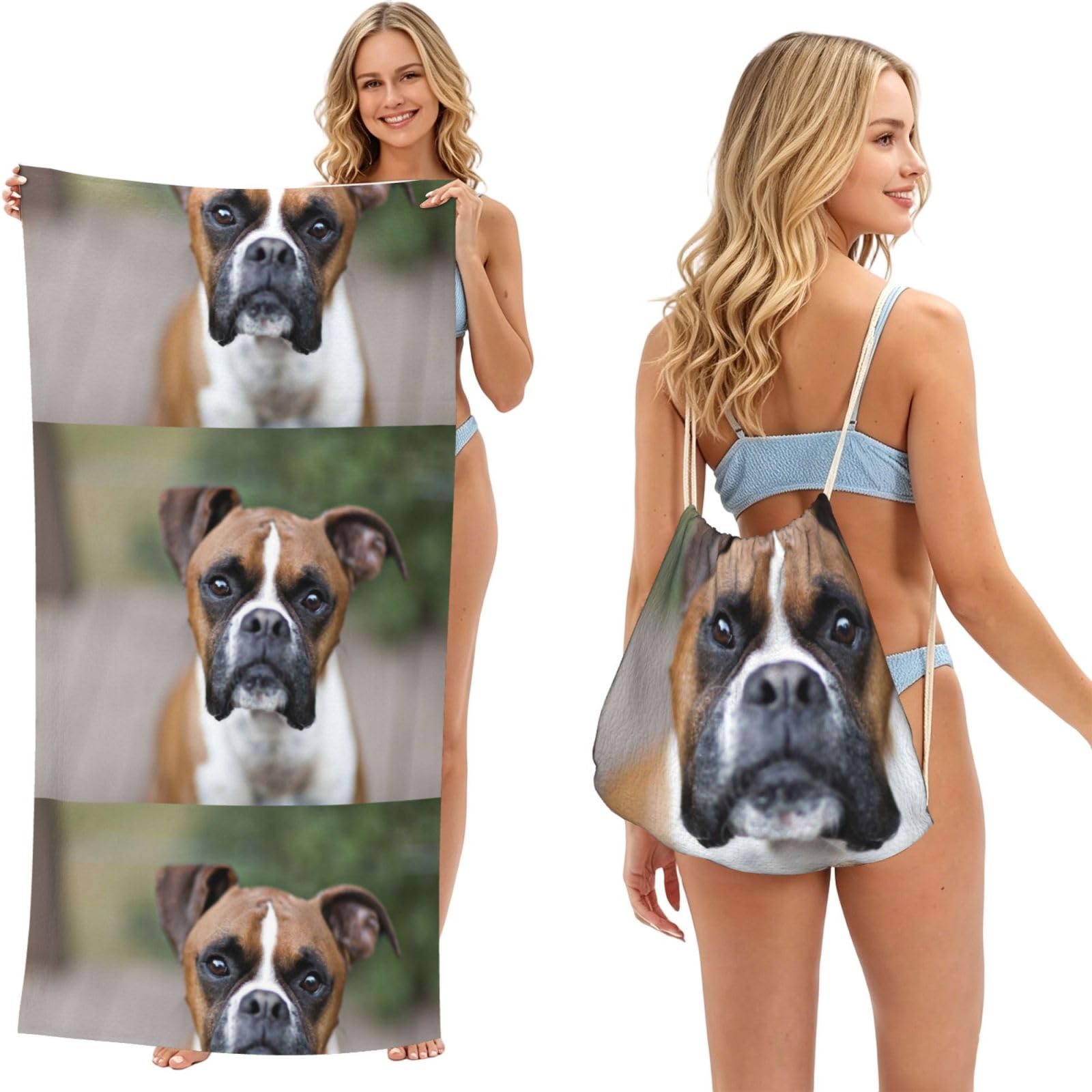 Poadnly As Picture Boxer Dog, 2 In 1 Packable Towel Bag, Beach Towels With Drawstring Backpack For Travel Holiday Camping