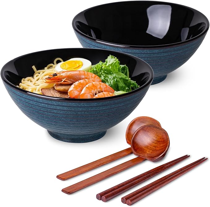 Ceramic Ramen Bowl Set of 2, 40oz Large Japanese Style Ramen Bowls with Chopsticks and Spoons for Pho Miso Udon Soup Noodles, Dishwasher & Microwave Safe, Blue
