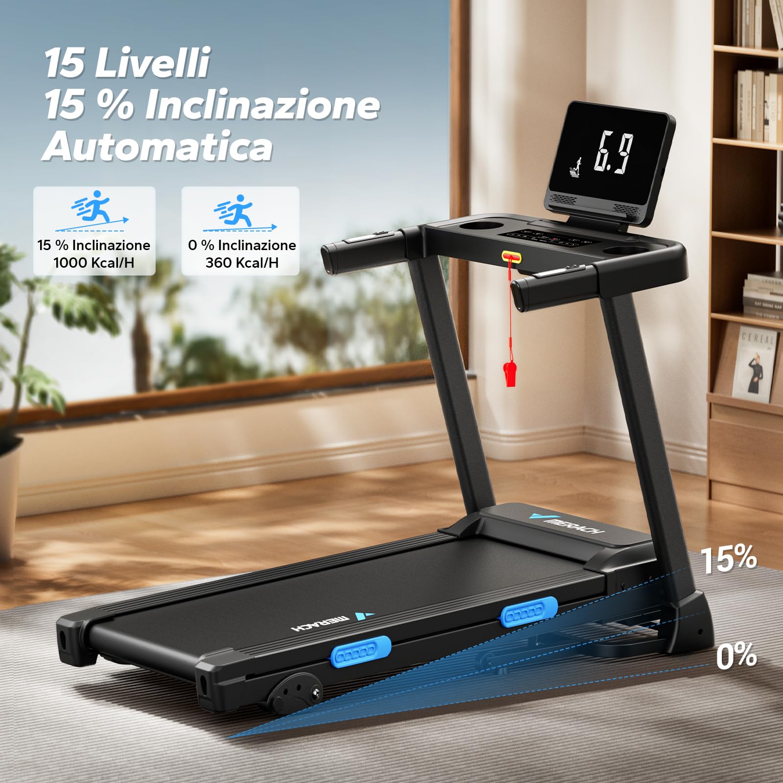 Merach Tapis Roulant Elettrico con Inclinazione,2.5HP Tapis Roulant Pieghevole con Pendenza,0.8-12km/H Walking Pad,Treadmill 136KG,Salvaspazio per Casa e Ufficio,Palestra Casa,Display LED