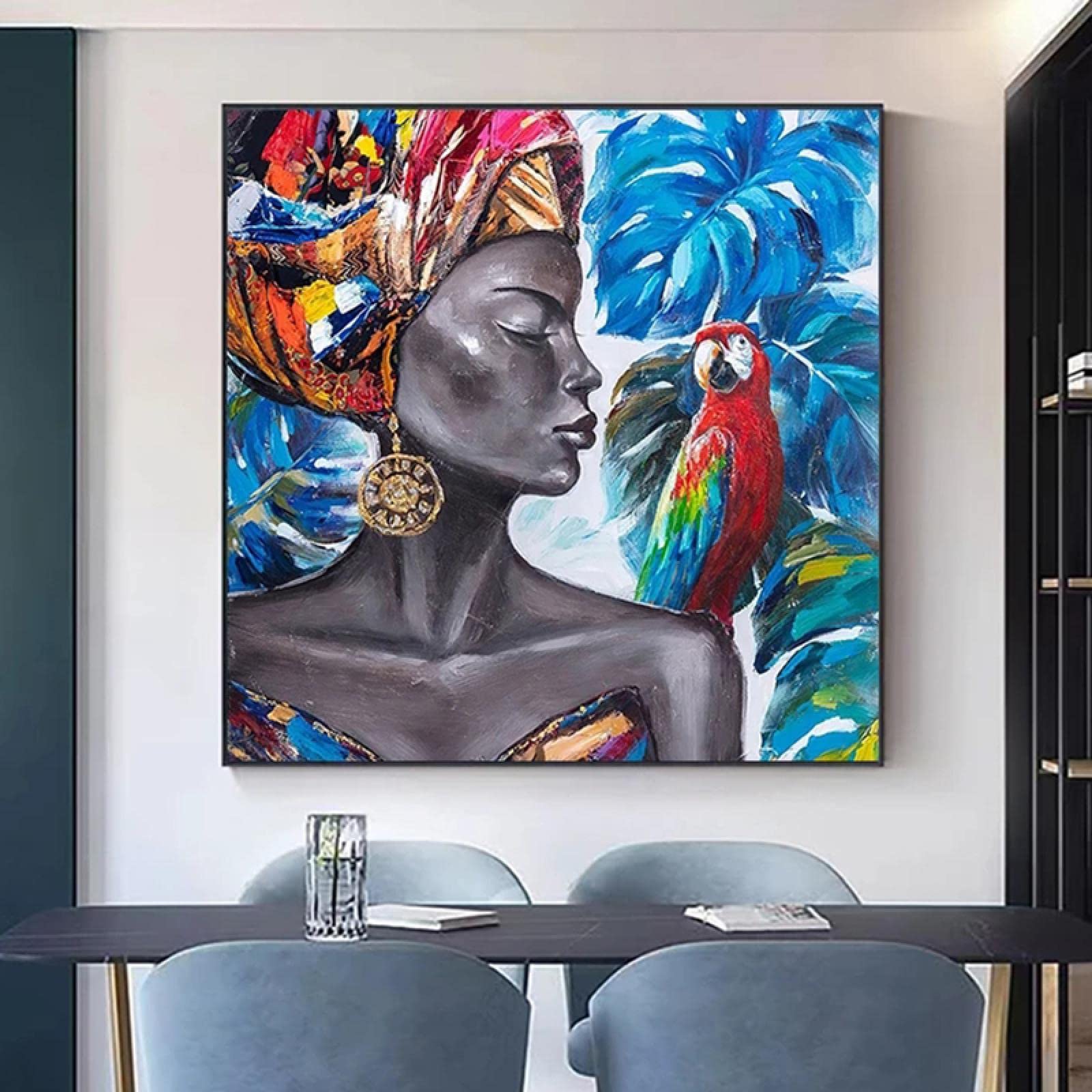 Afrikanische Leinwandbilder Fürs Wohnzimmer – Afrikanerin Mit Papagei, 30x30 Cm Mit Rahmen, Moderne Wanddekoration