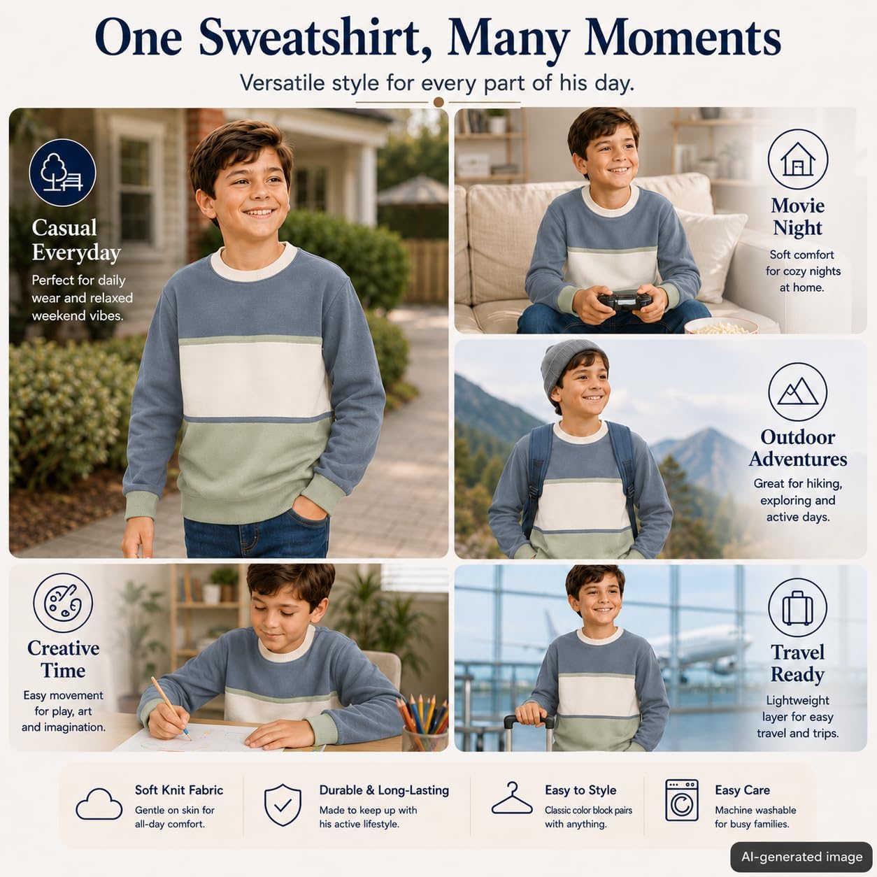 Bienzoe Boy Color Block Sweatshirt: Crewneck Soft Knit Pullover | School Days, Casual Wear, Weekend Outings, Family Gatherings, Travel Days, Easy Matching, Designed For Growing Kids Aged 6-13