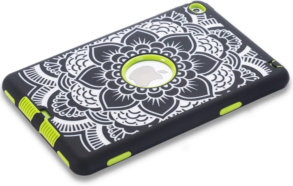 iPad Mini 4 Case A1538/A1550, Hocase Rugged Hybrid Double Layer Shockproof Protective Hard Rubber Case for Apple iPad Mini 4 Retina - Flower/Fluorescent Green