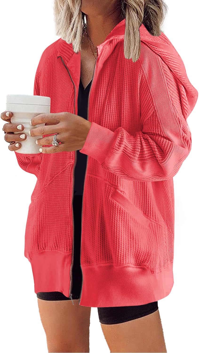 Yanekop Zip Up Hoodie Women Oversized Waffle Knit Shirt Fall Shackets 2025 Corduroy Jacket Fall Outfits with Pockets