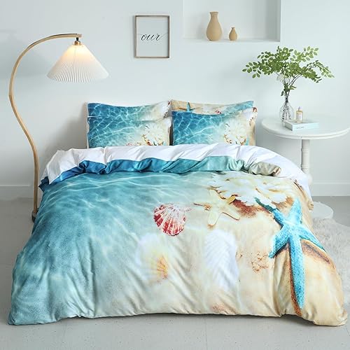 Miniatura 2 de Juego de ropa de cama de microfibra suave de 3 piezas, diseño de océano 3D, diseño de conchas marinas, naturaleza, mar, estampado digital, funda de