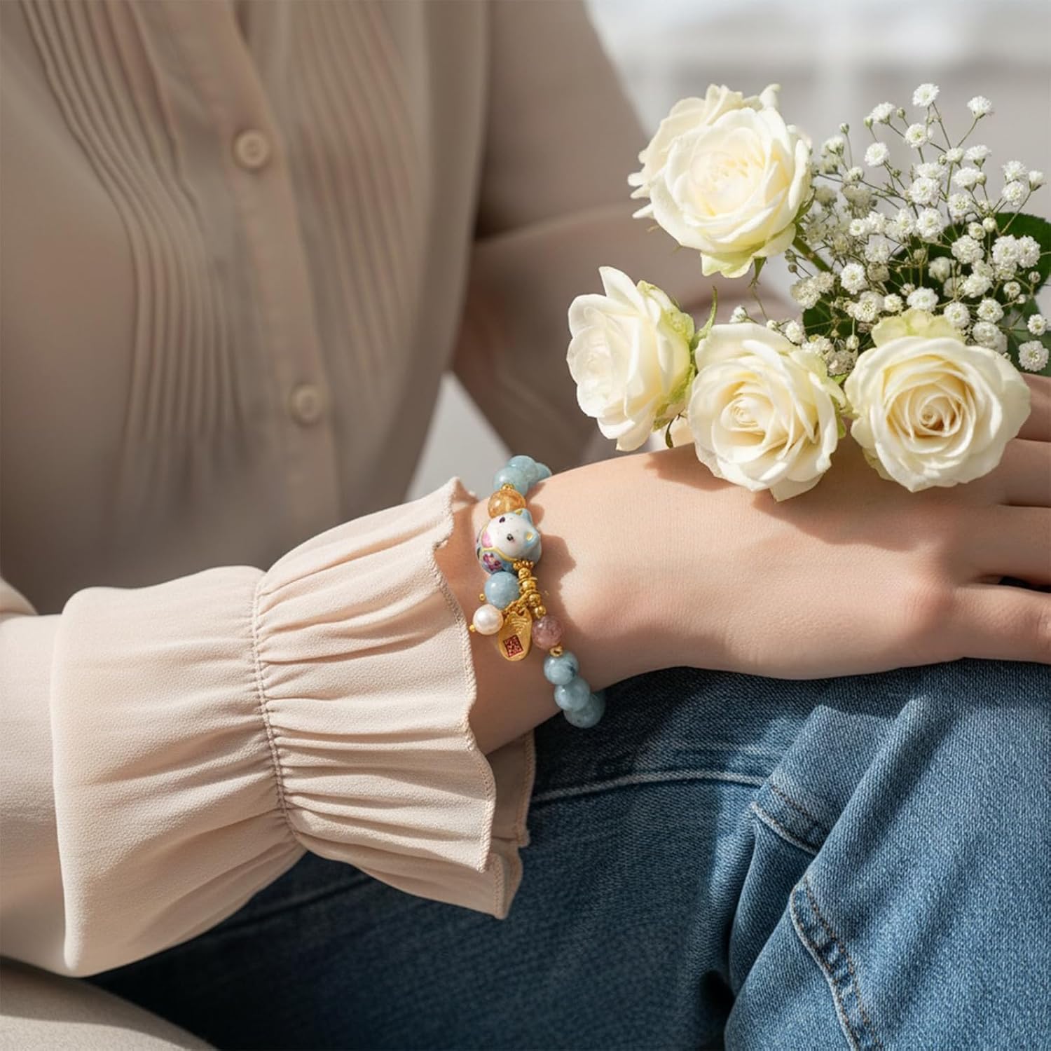 Blue Crystal luck Cat Bracelet and Cat Ceramic Ornament Feng Shui Bracelet for Women Protection Positive Energy Bracelet Lucky Jewelry Gifts - Image 8