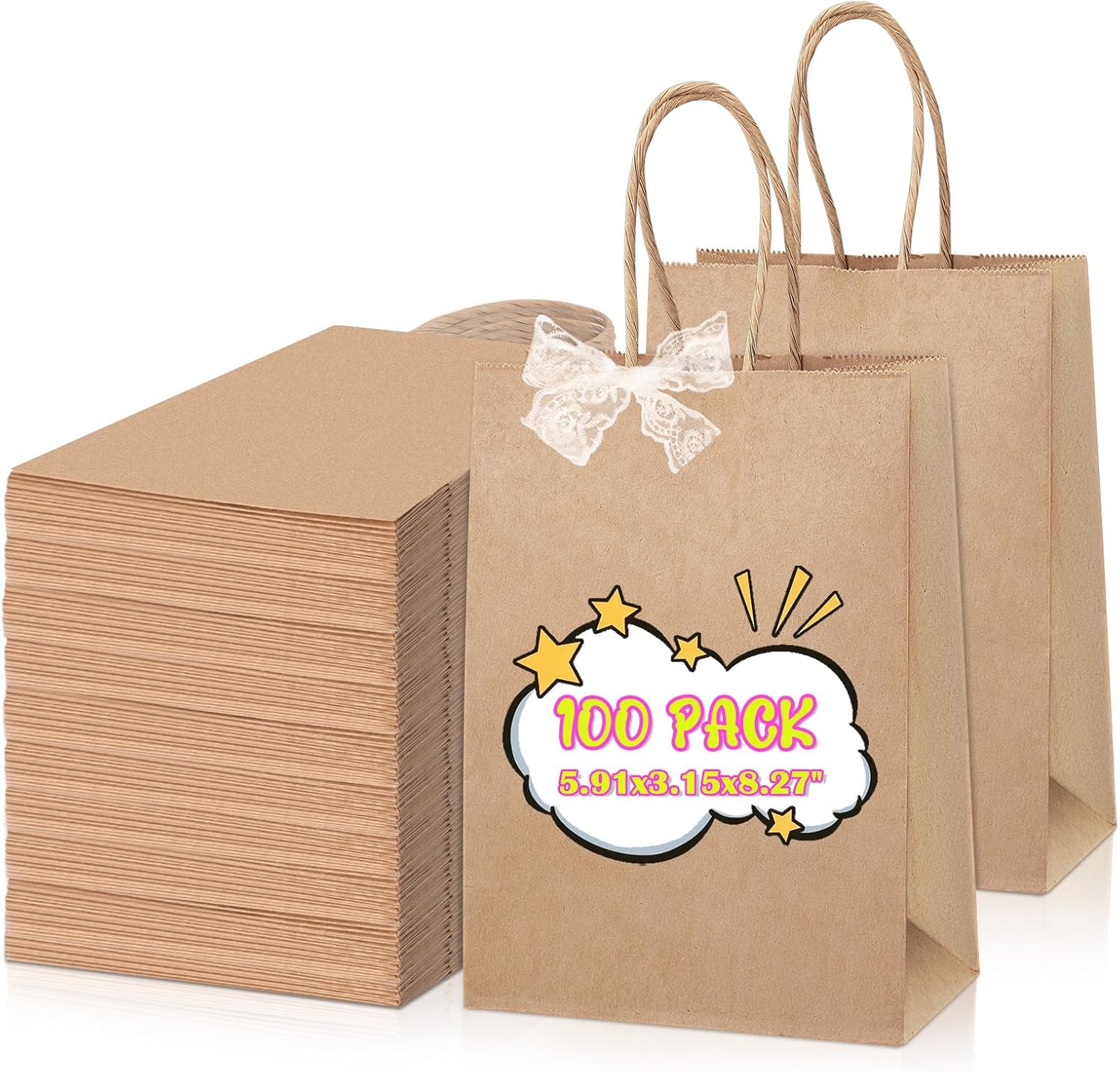 chfine 100 Pack Brown Gift Bags with Handles, 5.91x3.15x8.27" Small