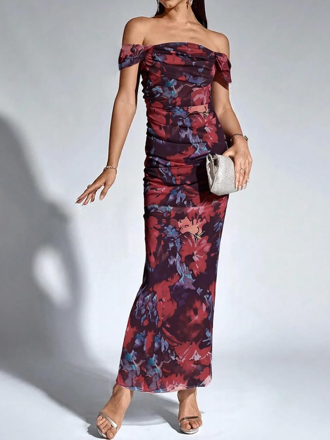 DERAX Womens Floral Print Off Shoulder Bodycon Maxi Dress Mesh Long Sleeve Ruched 2026 Spring Long Dresses - Image 4