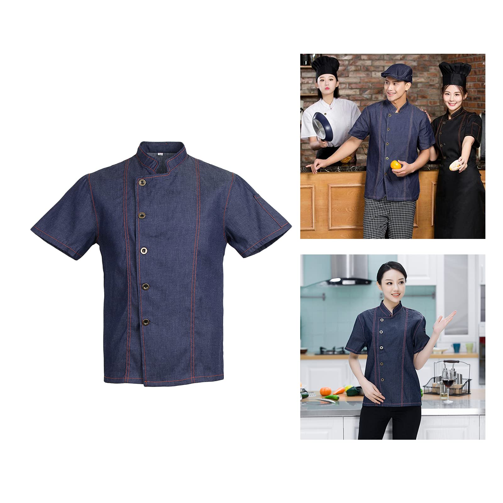 Giacca da cuoco in denim unisex, a maniche corte, divisa da cucina, blu, M