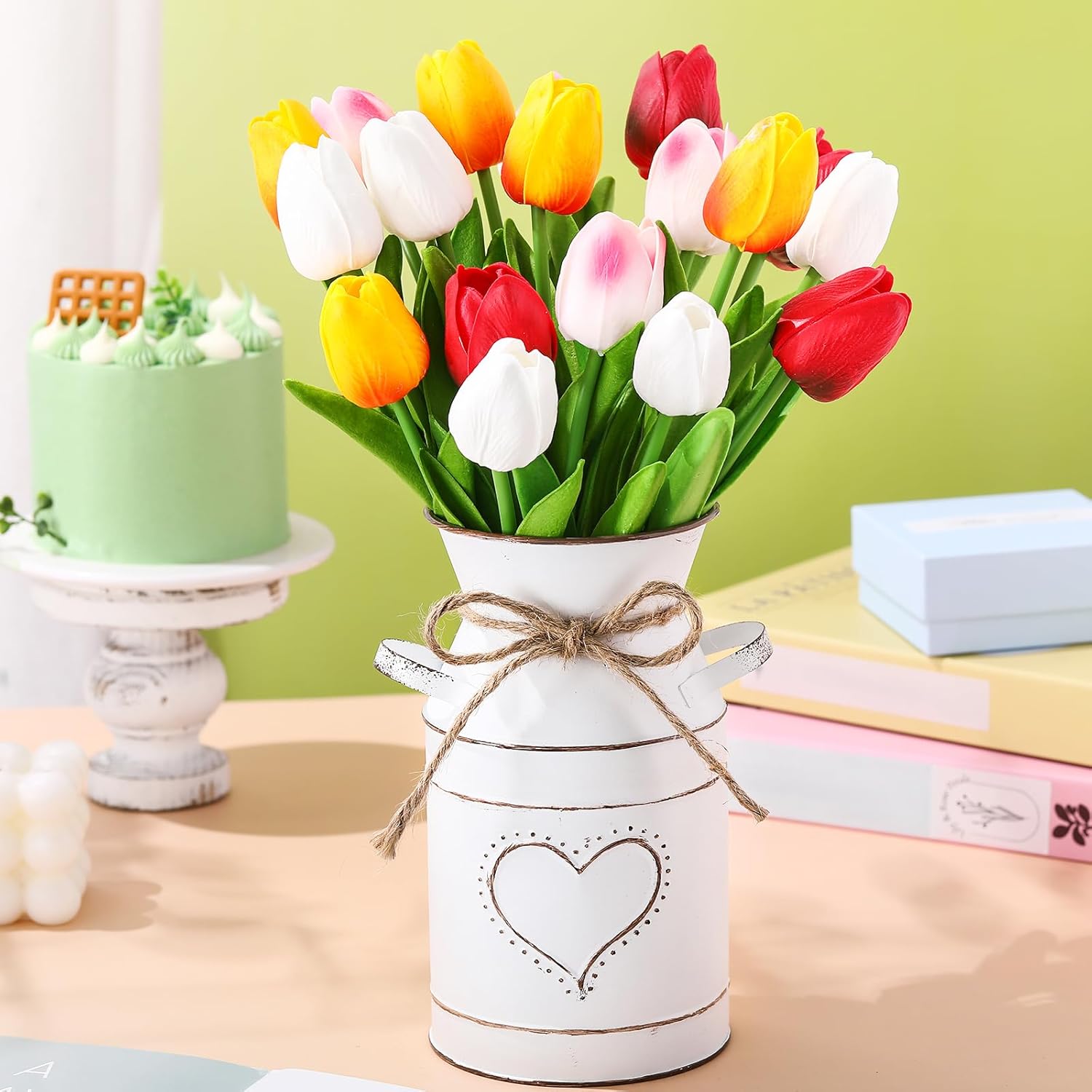 Uiifan 19 Pcs Spring Easter Centerpieces for Tables Home Office Decoration 18 Fake Artificial Tulip Flower Faux Realistic PU Bouquet with 1 Metal Pot Vase for Wedding Baby Shower(Elegant Color)