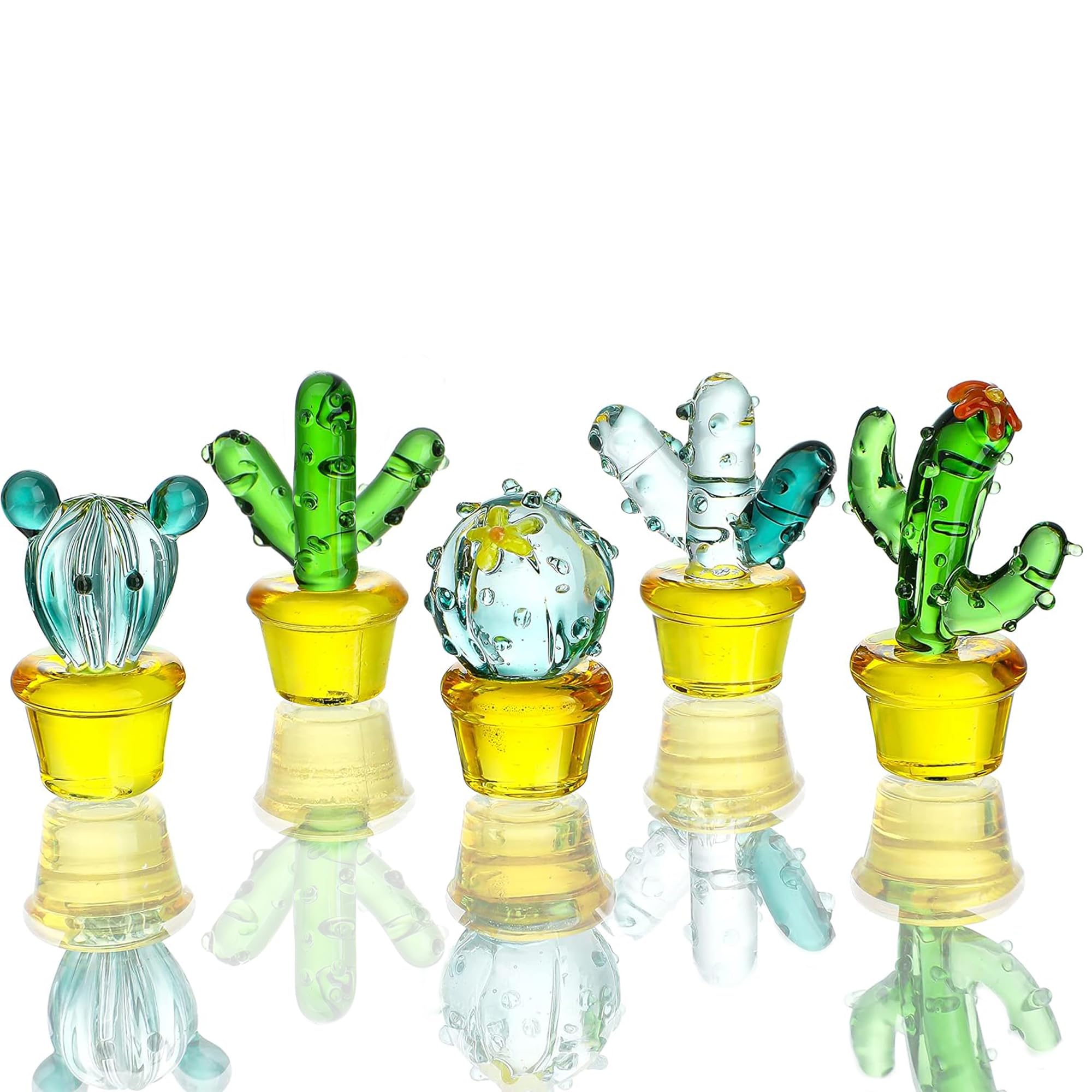 H&D HYALINE & DORA 5pcs Glass Cactus Art Hand Blown Figurines Glass Miniature Cactus Simulation Desert Plants Collectibles Home Table Decoration Ornament