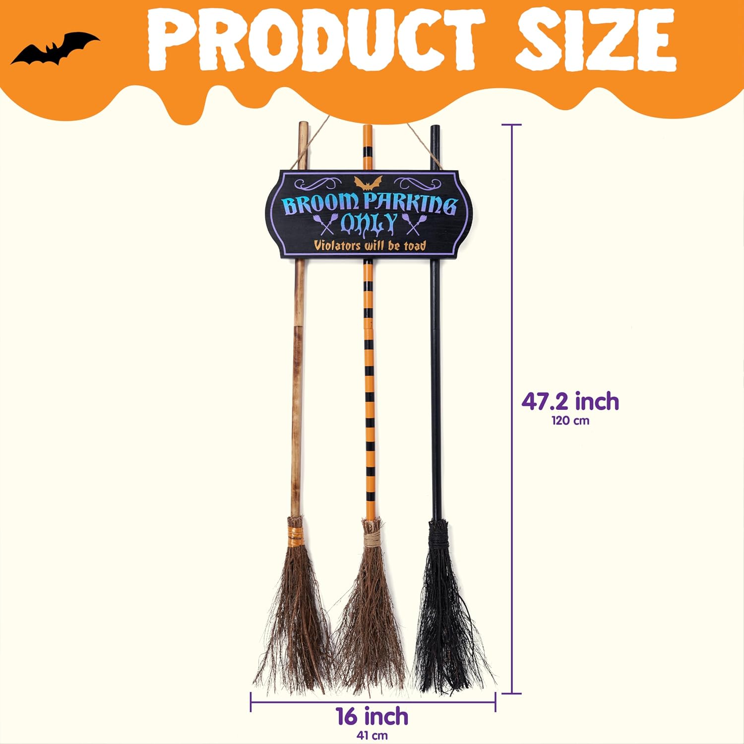 JOYIN Halloween Broom Parking Sign with 3pcs Wooden Witches Brooms, Halloween Decorations Outdoor, Wooden Warning Sign for Front Porch Wall Decor Home Office Indoor image 4