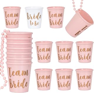 14 Pcs Team Bride and Bride To Be Collar de Cristal Chupito Nupcial con Cuentas Plástico, Vasos de Chupito con Cadena para Despedida de Soltera Fiesta Party Cups (Rosa y Blanco)