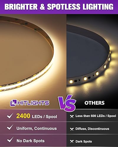 Miniatura 2 de HitLights COB - Tira de luces LED de color blanco cálido 3000K, 16.4 pies de alta densidad, 12 V, 2400 LED, 305+ LMFT, CRI 90+, IP30, iluminación