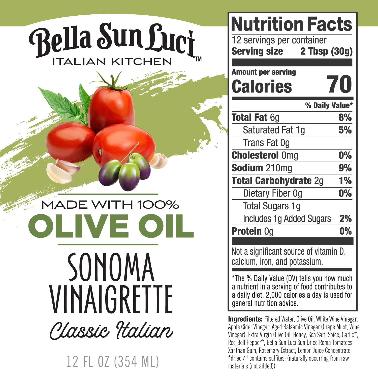 Bella Sun Luci Italian Kitchen Sonoma Vinaigrette Salad Dressing, 100% Extra Virgin Olive Oil, No Seed Oils, Gluten-Free, California Made (6 Count)