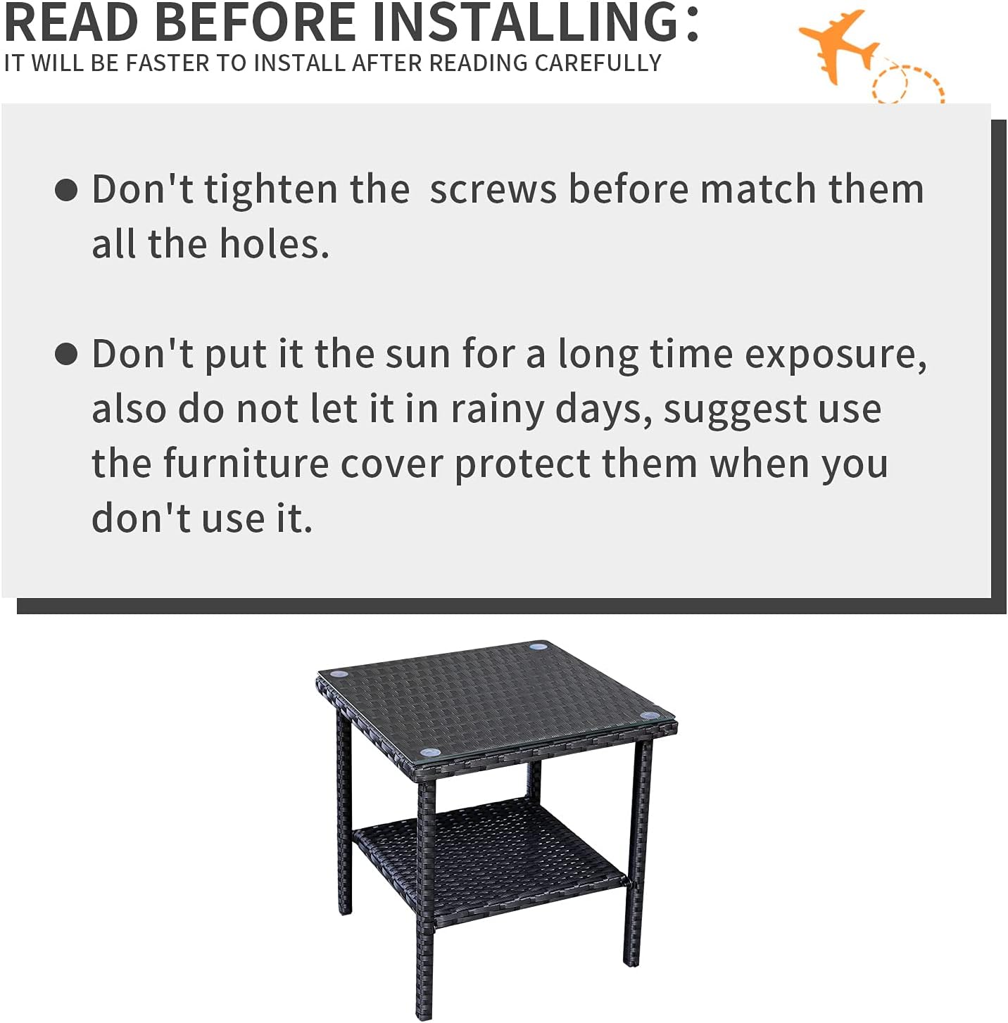 Valita Outdoor PE Wicker Side Table Glass Top Garden Poolside Small Patio Rattan Furniture Square End Table, Black