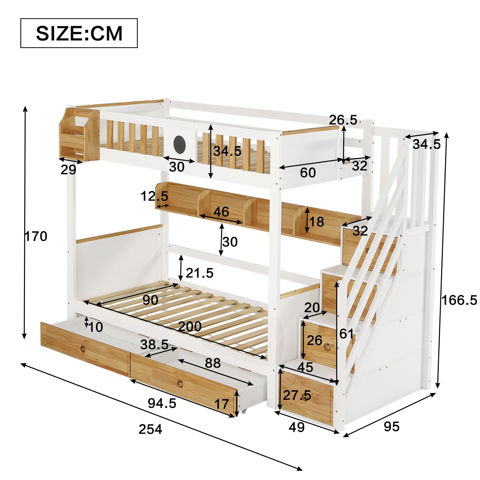 Idemon Letto a castello con scale, lavagna, mensole e scaffali, telaio in legno di pino e MDF, lettino con 4 armadietti nelle scale, con griglia anticaduta e 2 cassetti, bianco+naturale, 90 x 200 cm