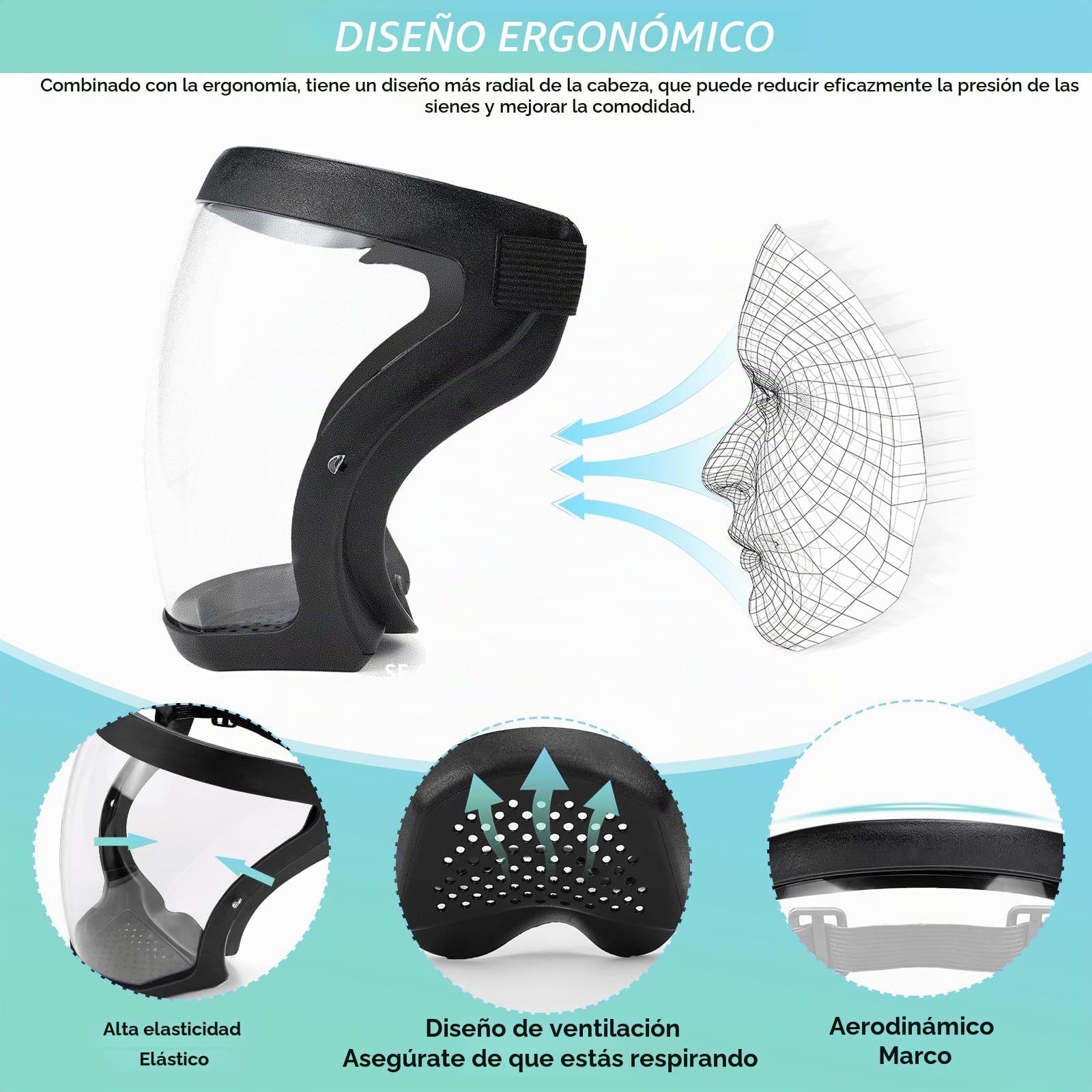 Protección facial protector antiempañamiento de cara completa de plástico transparente con banda ajustable para adultos