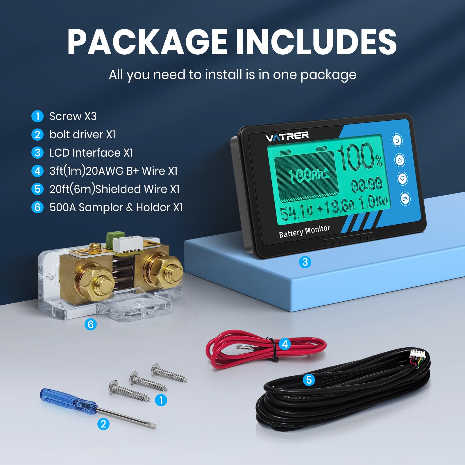VATRER POWER Monitor Batteria 500A Shunt 8V-120V, Contatore Capacità LiFePO4 Piombo per RV Golf Car, Display LCD Allarme