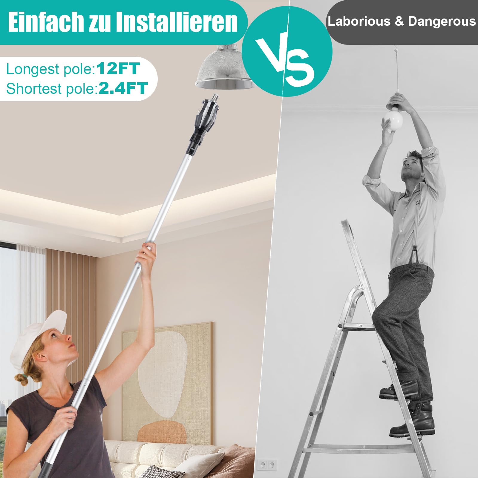 Glühbirnenwechsler für Hohe Decken, LED Classic Lampe Glühbirnen Wechsel, 2-12FT Aluminiumlegierung Verlängerungsstange, 3 Einstellbar Krallen und 1 Einstellbar Saugnapf