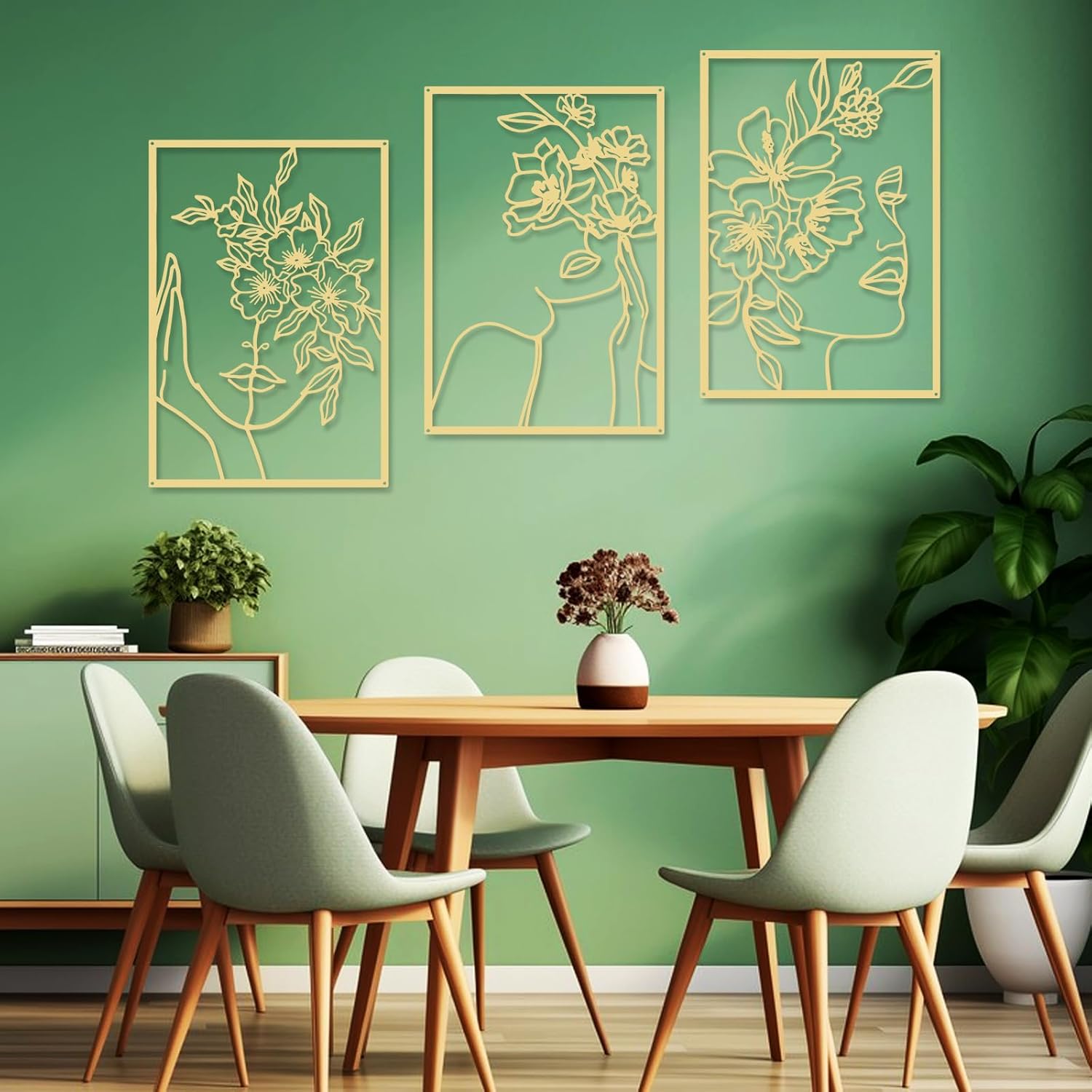 DETENE 3 Pieces Gold Metal Wall Decor Minimalist Abstract Metal Wall Art Modern Woman Line Art Decor Single Line Art Décor for Living Room Bedroom Bathroom Kitchen Office(Size 17 x 11.8'')