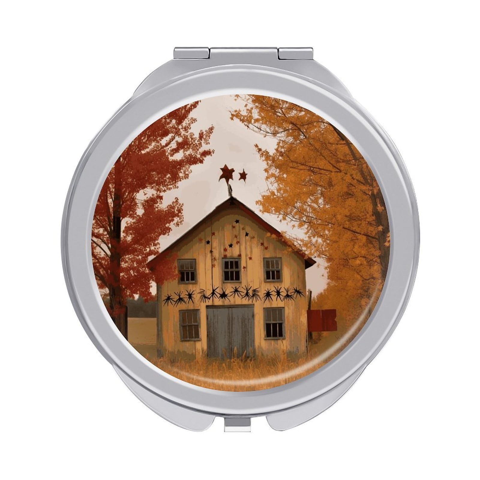 JTREHY Fall Country Barn Makeup Mirror Silver Mirror Surface Folding Makeups Mirrors Lightweight Durable Looking Glass for Suitable Traveling Handbag and Purses
