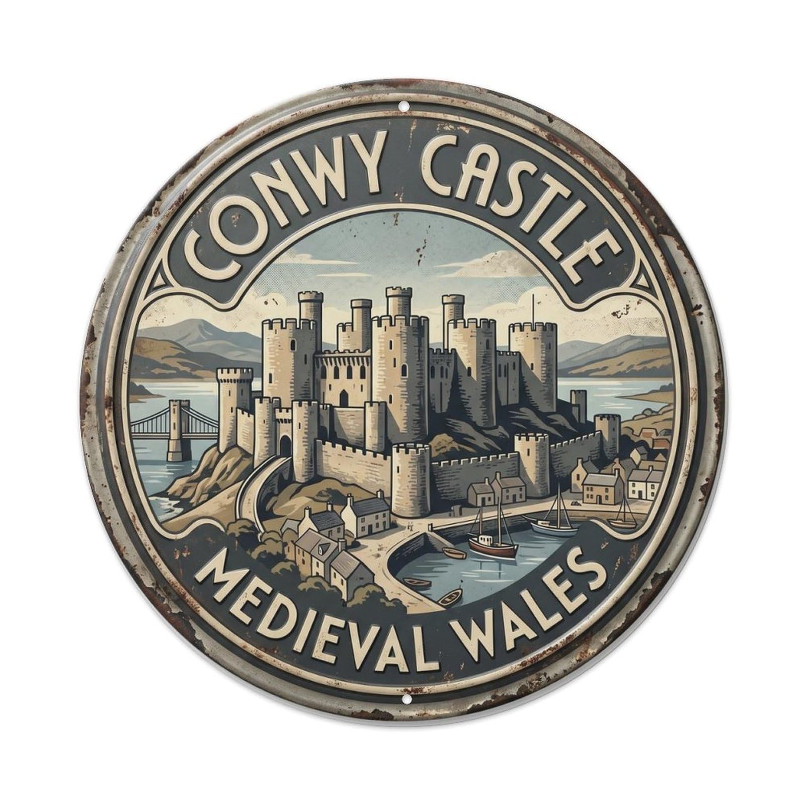 Conwy Castle Medieval Wales Fortress Metal Tin Sign Plaque Wall Decor for Cafe, Club, Garden Round Metal Poster 8x8Inch