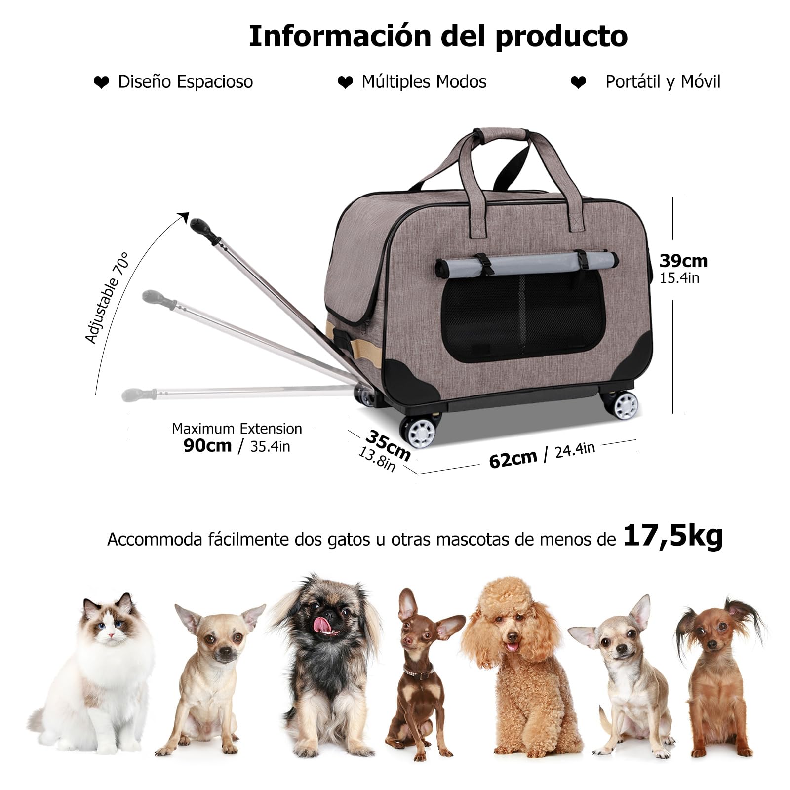 PETCUTE Transportín para Mascotas con Ruedas y Asa Telescópica,Plegable Bolso de Transporte para Gatos y Perros con Alfombrilla Extraíble,Cinturón de Seguridad,Transportín Gato,Carga Máxima 17.5kg