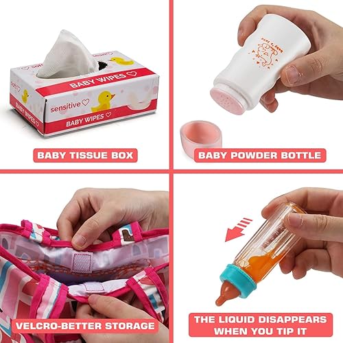 Miniatura 3 de Paquete de 14 accesorios para muñecas de bebé, juego de alimentación y cuidado de muñecas que incluye bolsa de pañales, pañales para muñecas,