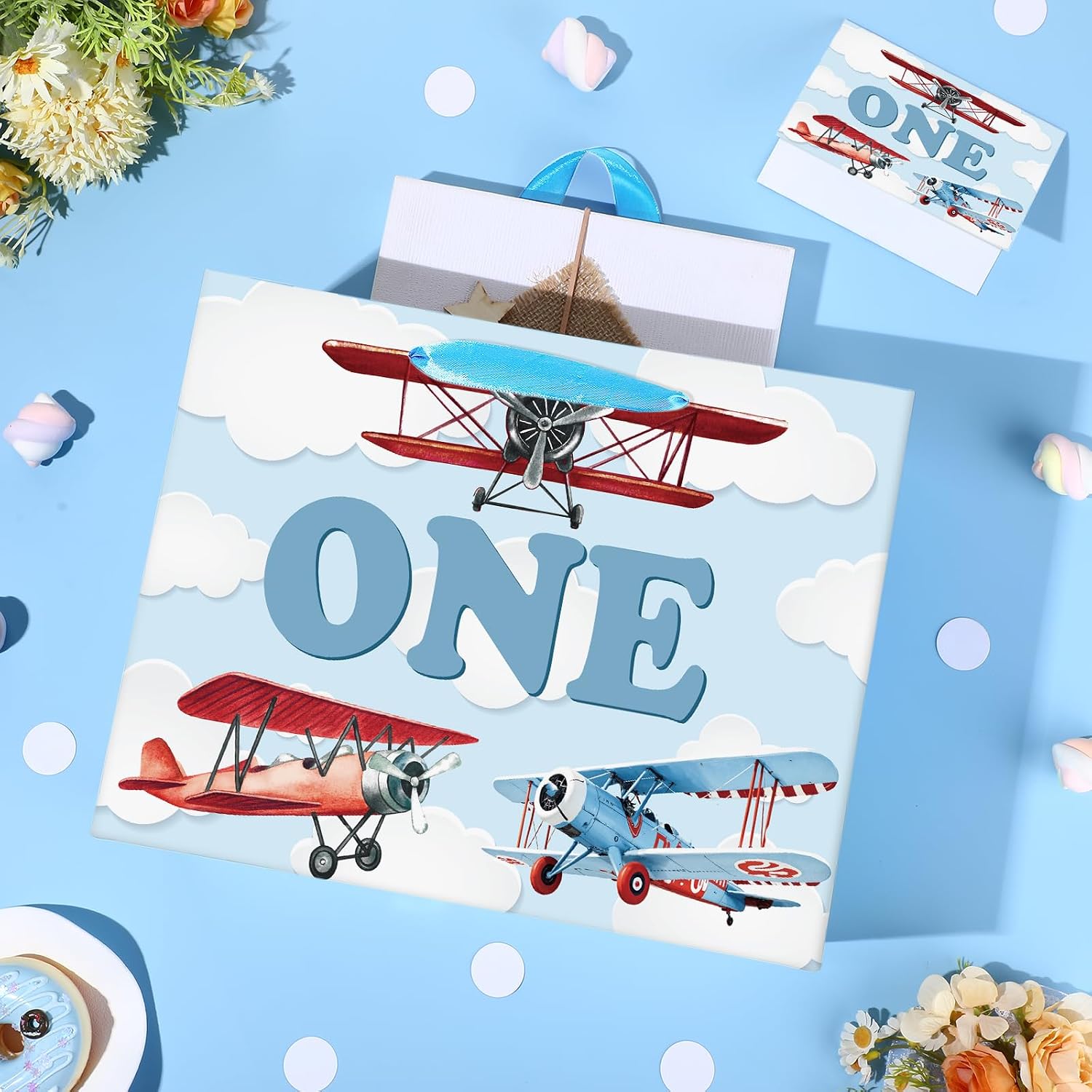 Airplane 1st Birthday Gift Bag Airplane First Birthday Wrapping Paper Bag with Tissue Paper Greeting Card Aircraft How Time Flies Party Decorations for Kids One Years Old Baby Shower Party Supplies