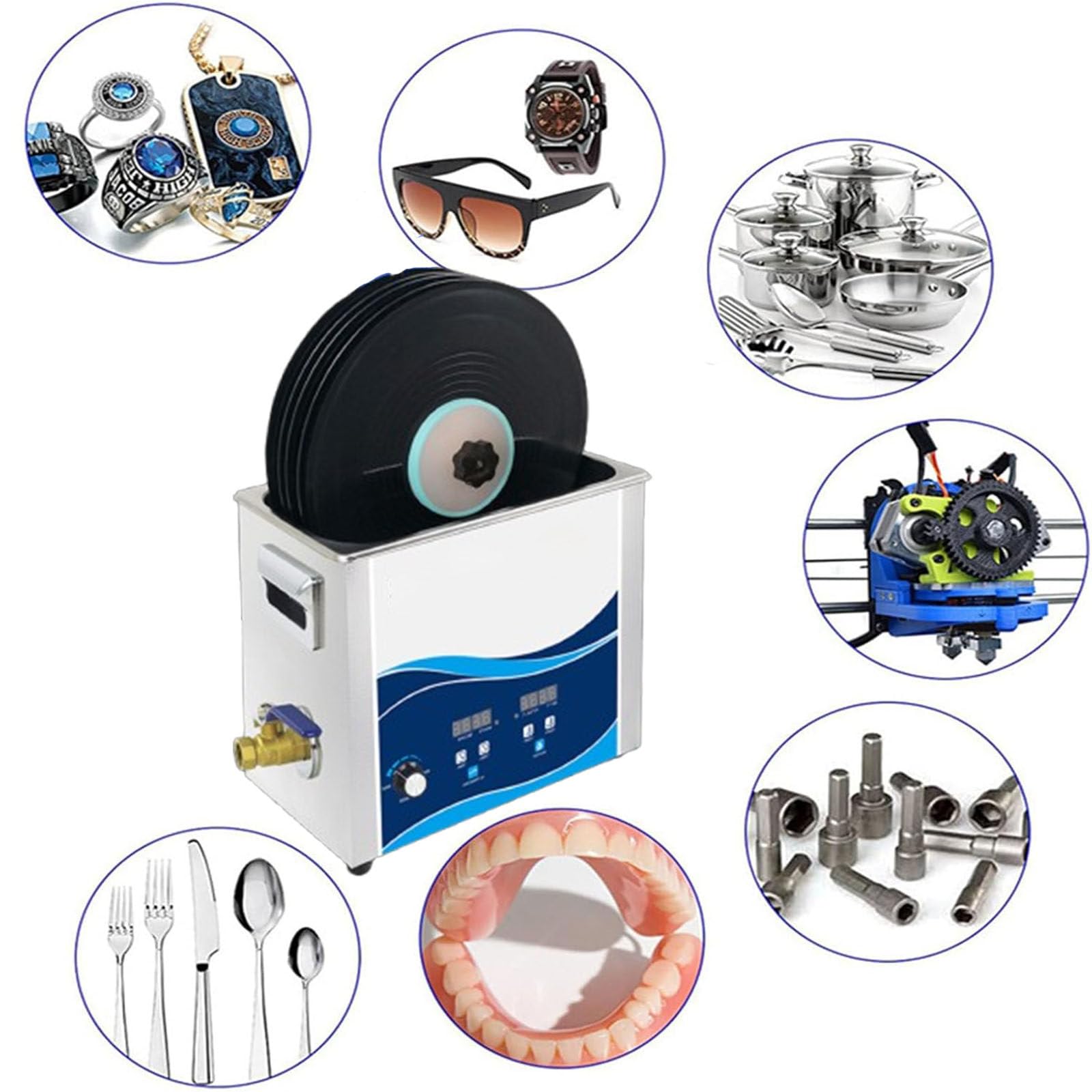 Pulitore ad ultrasuoni da 180 W con timer, macchina rotativa automatica per gioielli e dischi in vinile, dispositivo di pulizia professionale