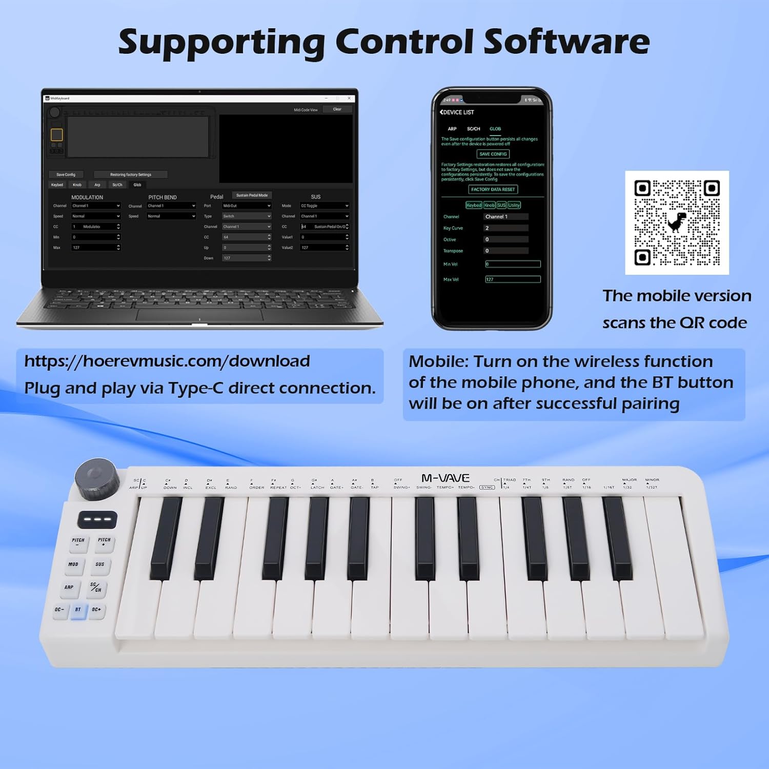 M-VAVE 25 Keys Mini Keyboard – Professional Beat Maker and Keytar for Keyboard Music Production Builtin Battery Wireless Connect White