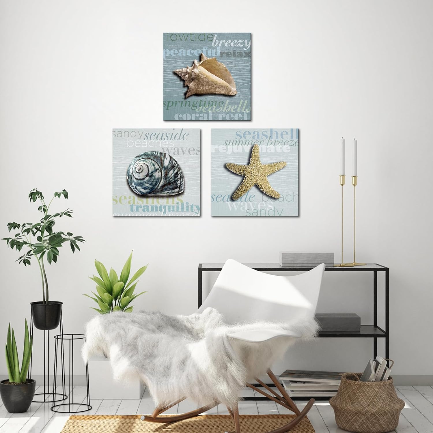 AoArtWZ Bathroom Wall Decor Ocean Theme Canvas Wall Art Coastal Shell Starfish Coral Conch Picture