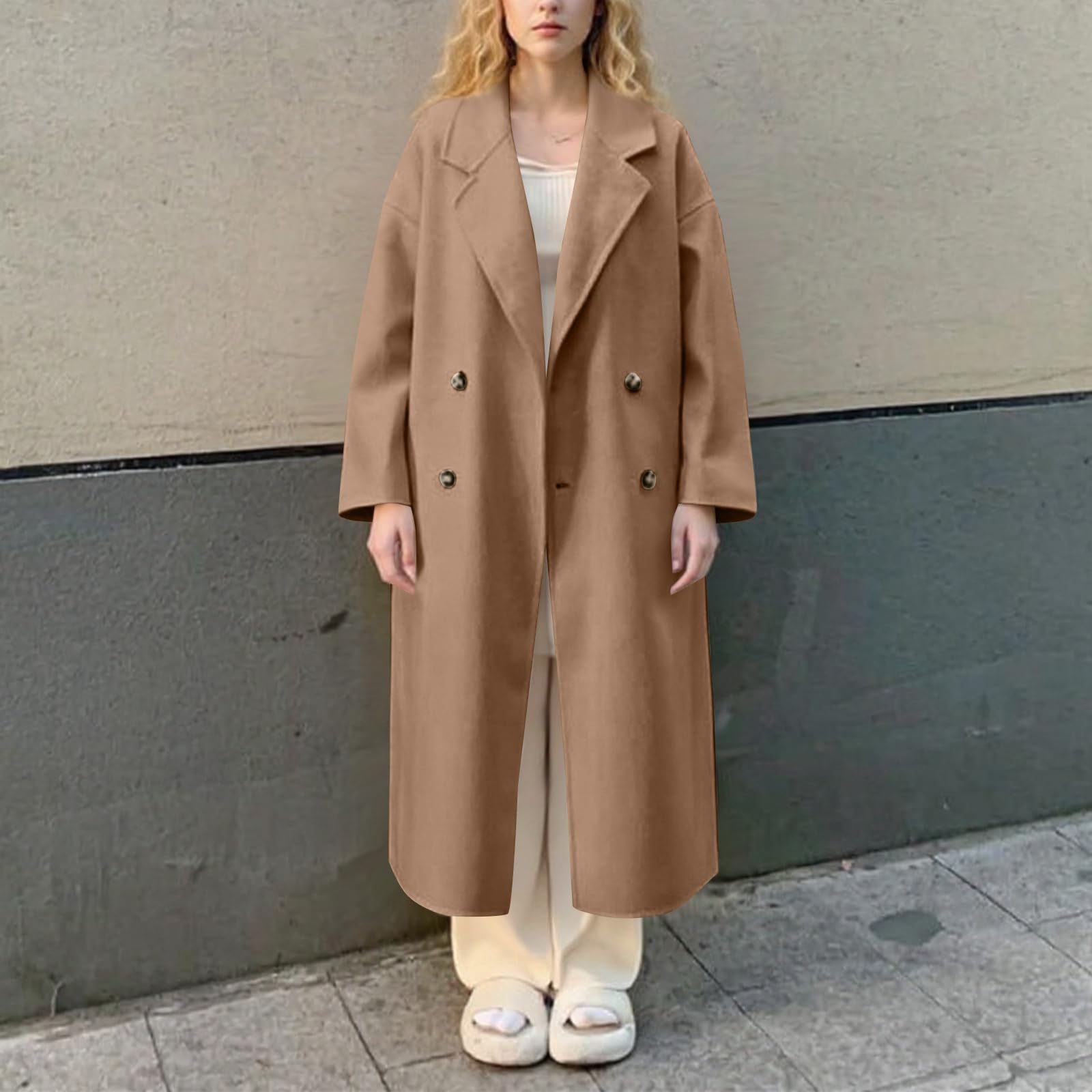 Generisch Wintermantel Damen Lang Wollmantel Winter Warm Mantel Elegant Damenmantel Einfarbig Trenchcoat Mit Knöpfen Wintercoat Langarm Übergangsjacke Kuschelig Revers Jacke Ohne Kapuze Winterjacke