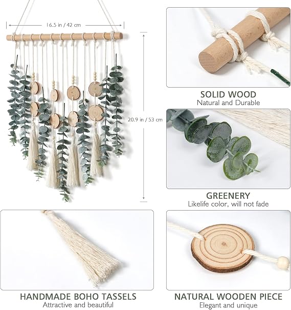 Artificial Eucalyptus Wall Hanging Decor Greenery Boho Chic Home Decorations Farmhouse Rustic Plants with Wooden Stick for Bedroom Living Room Apartment Ornament Gift (Green-3)