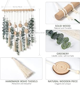 Artificial Eucalyptus Wall Hanging Decor Greenery Boho Chic Home Decorations Farmhouse Rustic Plants with Wooden Stick for Bedroom Living Room Apartment Ornament Gift (Green-3)