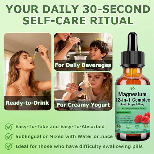 Miniatura 6 de Gotas líquidas complejas de magnesio 12 en 1 de 700 mg, citrato de glicinato de magnesio de alta absorción malato taurato y 8 formas, suplemento de