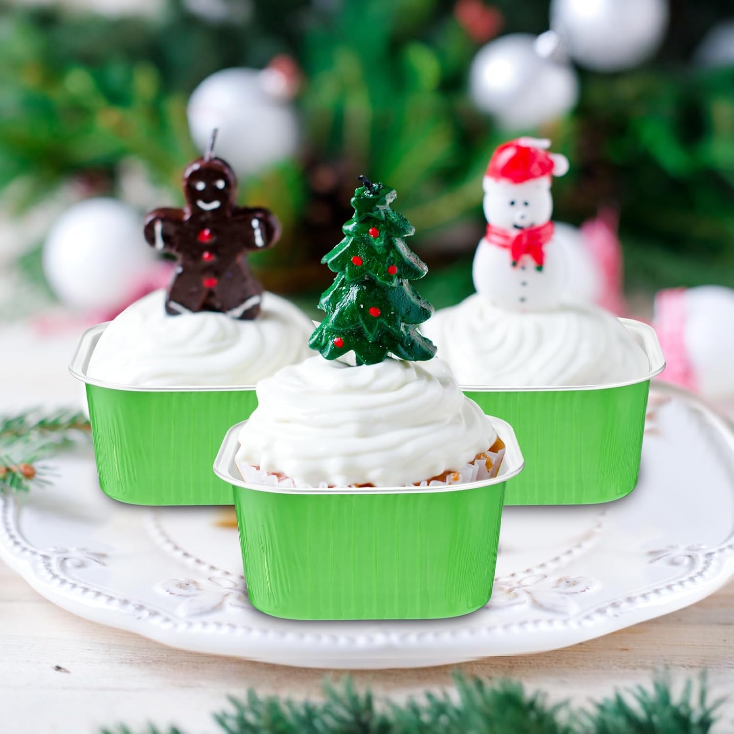 Sliner 100 Pcs 10 oz Mini Cake Pans with Lids Aluminum Foil Disposable Baking Loaf Tins, Spoon, Stickers, Square Cupcake Container for Muffin Ramekins Brownie Wedding Birthday Party(Green)
