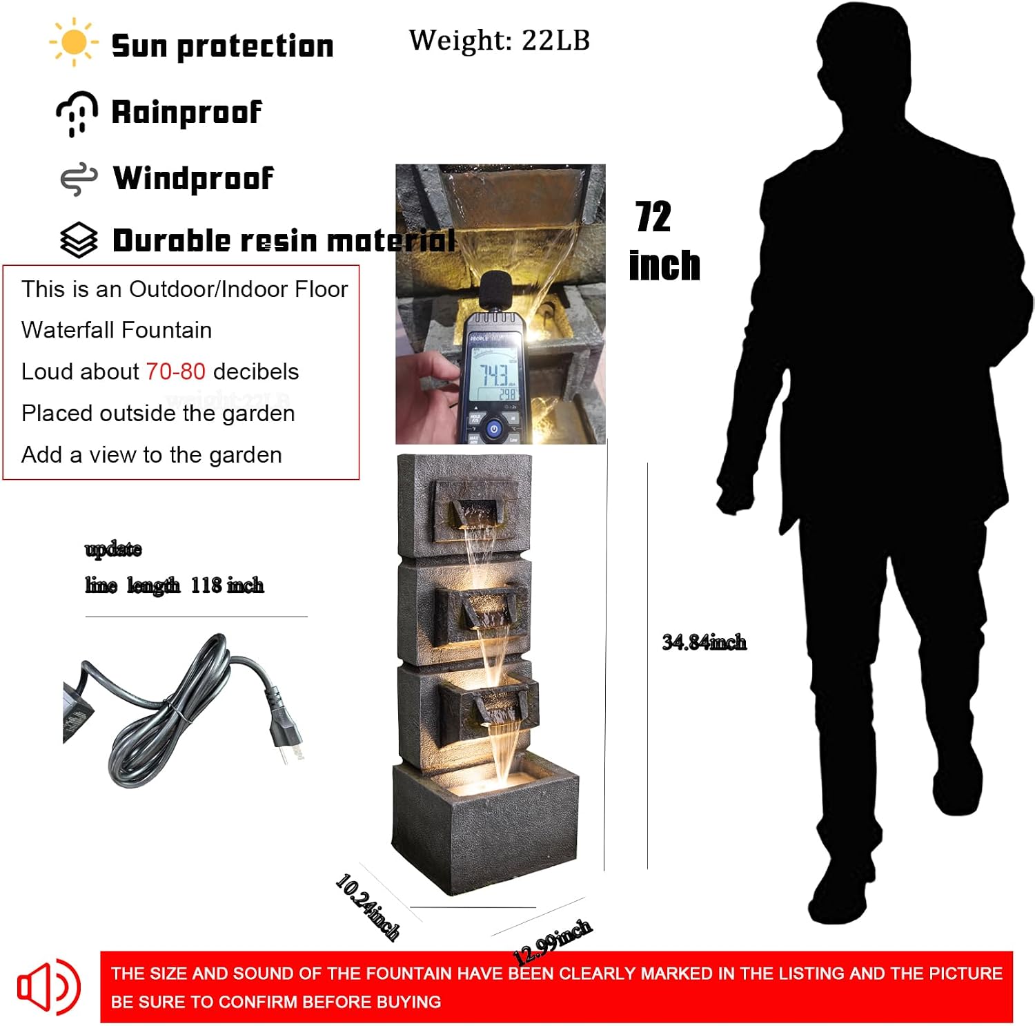 Diagram showing the dimensions of the SERSERBILHOME water fountain and its weight