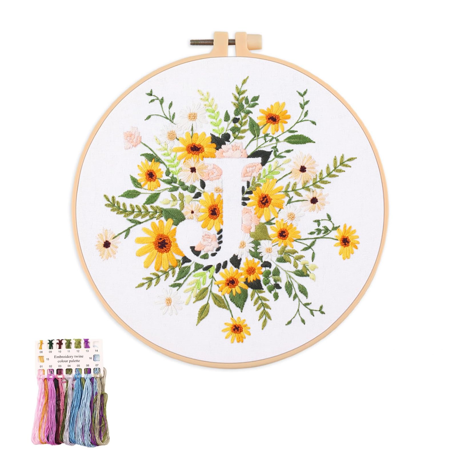 artcici Embroidery Kits Plant Flower Letter J Patterns for Beginners Adults, Full Range Embroidery Starter Kits Cross Stitch Needlework Supplies (Letter J)