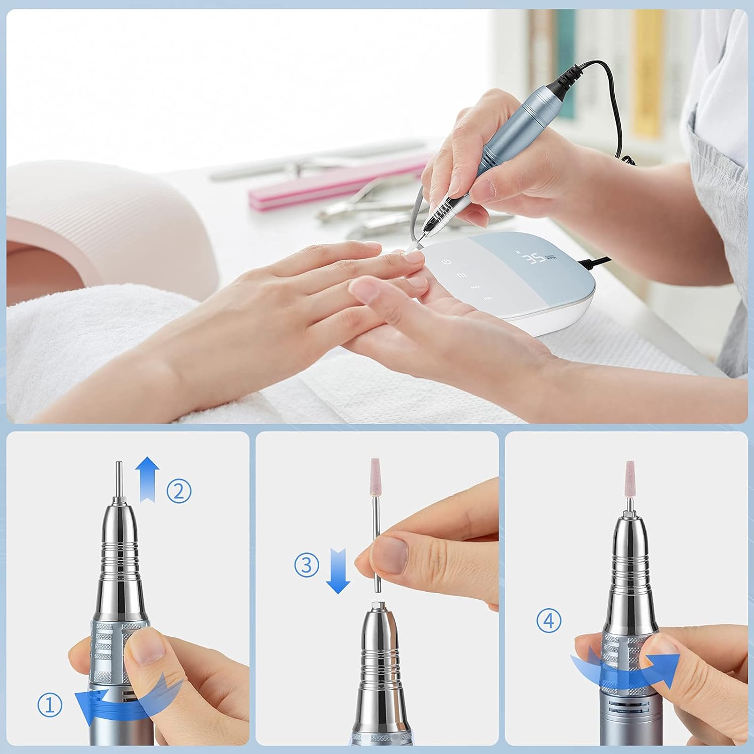 Madenia Professional Nail Drill Machine for Acrylic Nails, 35000RPM Compact Cute Electric Nail Drills with Touch Screen Efile Nail Drill E File Kit for Salon Home Manicure Pedicure Use, Blue