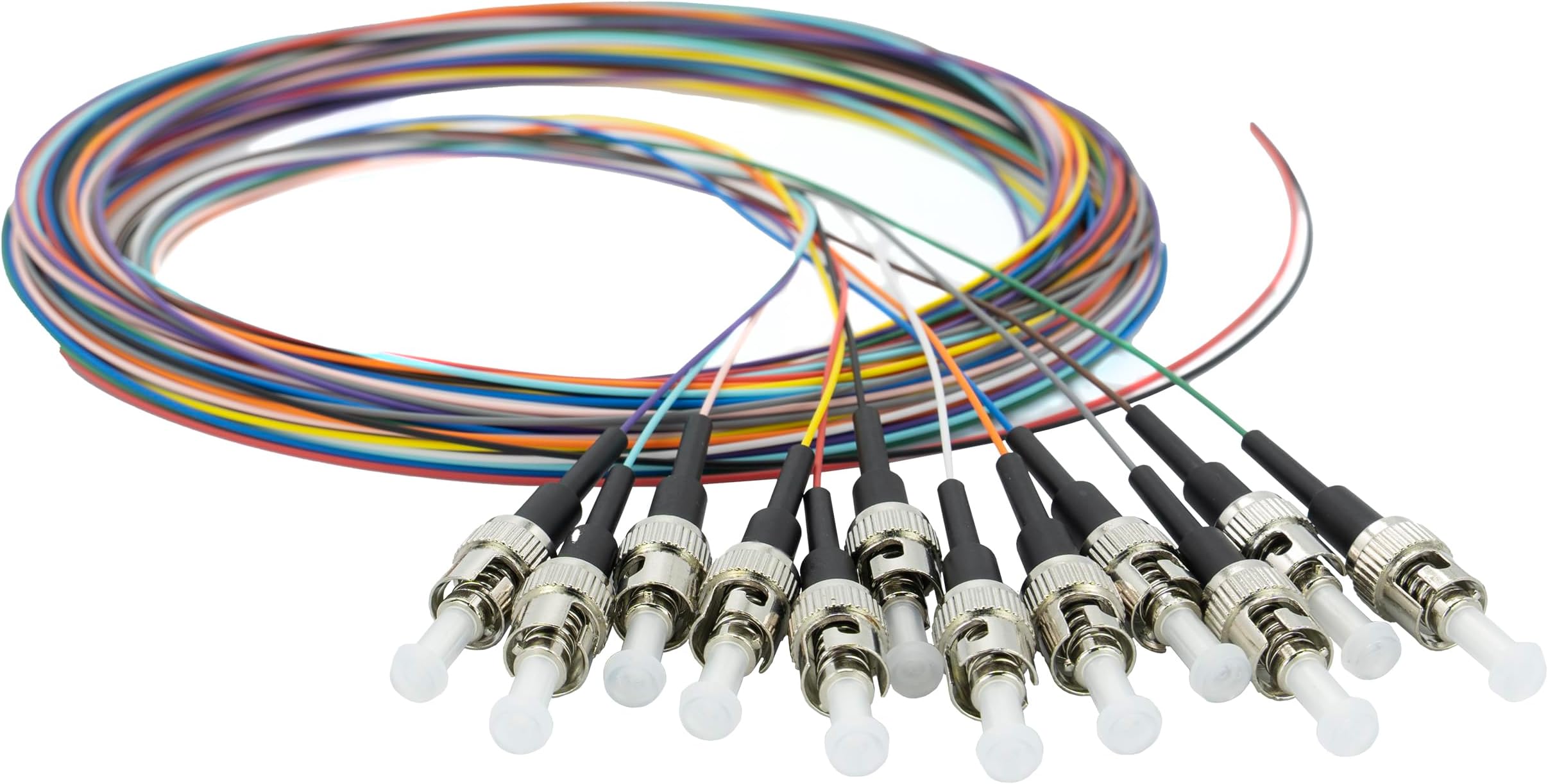 12 Strand Fiber Pigtail, Multimode OM2 50/125, ST/PC Connectors, Black Boot, 9.8 Feet (3 Meter) - Color Coded for High Fiber Count Splicing